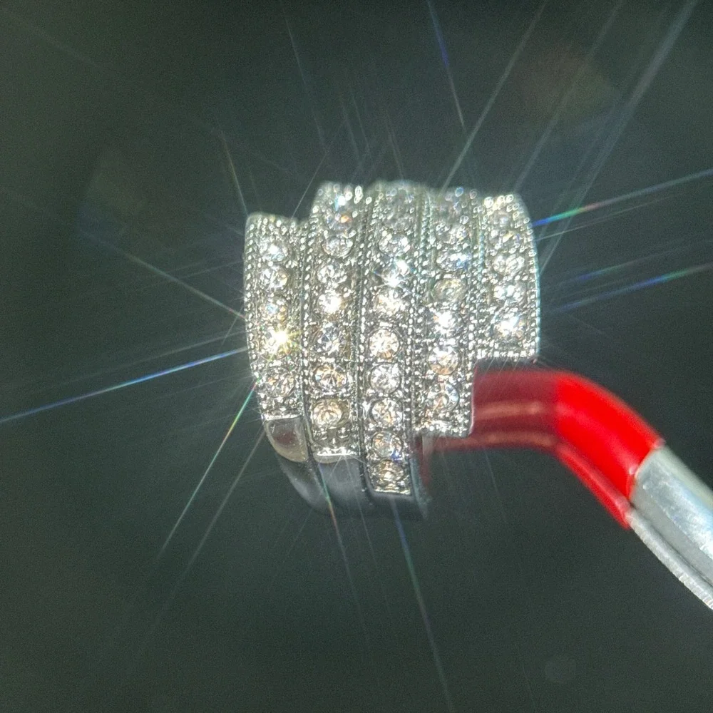 Silver Tone Tiered Rhinestone Statement Cocktail Ring Size 7.5